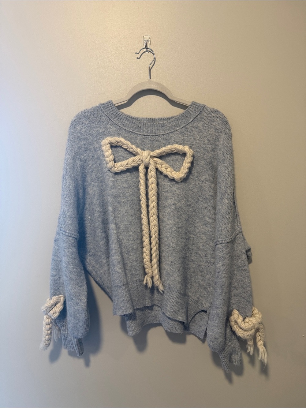 Stella & Dot Light Gray Knit Sweater with Cream Braided Bow Accents